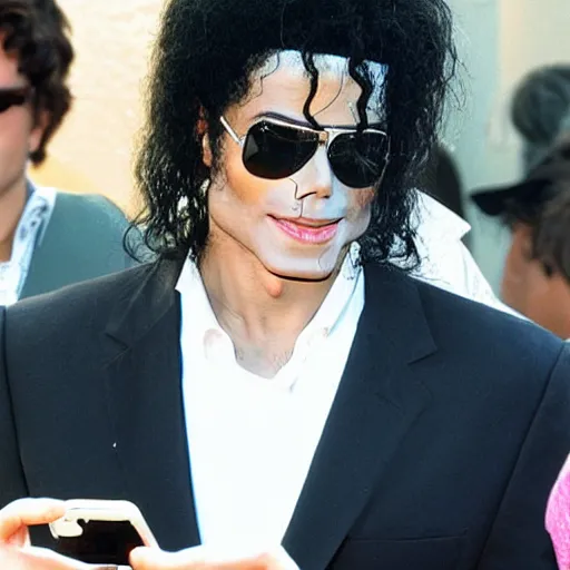 Prompt: Michael Jackson texting in iPhone at car