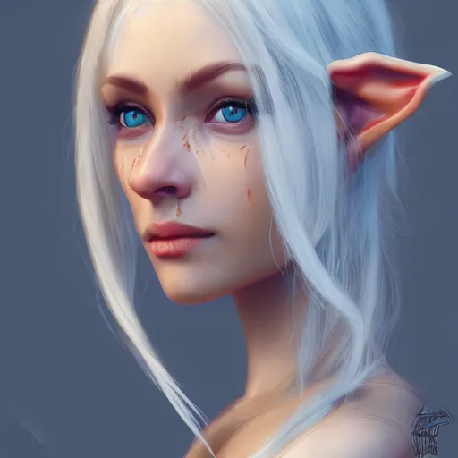 Image similar to portrait of a female half - elf with white skin, white hair, white eyes without pupils, short wavy hair, gray spots on cheeks, trending on artstation, ethereal, gentle smile