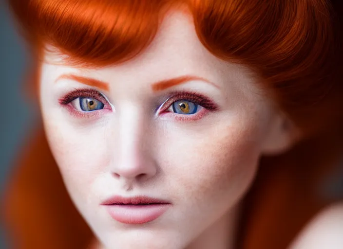 Image similar to 5 5 mm portrait photo of a redhead woman's face with ( intricate cat eyes )!!. highly detailed 8 k. intricate. lifelike. soft light. nikon d 8 5 0. cinematic post - processing