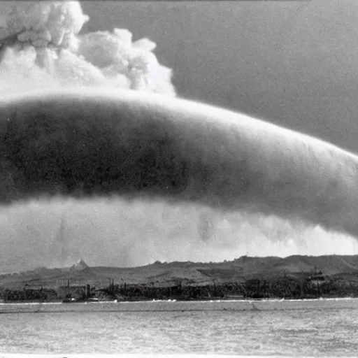 Image similar to photo of hundreds of zeppelins clustered around an active volcano on an island