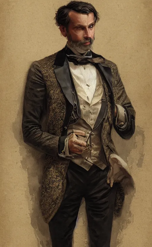 Prompt: portrait of a middle aged victorian aristocrat, waistcoat, male, detailed face, victorian, highly detailed, cinematic lighting, digital art painting by greg rutkowski