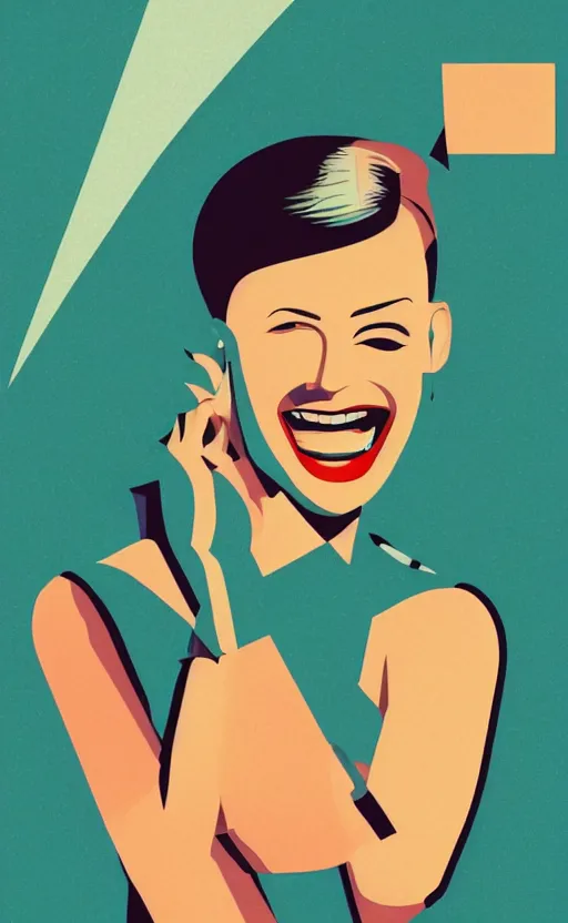 Image similar to illustration portrait of a woman with white buzzcut laughing out loud, art deco painting by tom whalen, by tomer hanukam funny meme photo, trending on behance, digital illustration, storybook illustration, grainy texture, flat shading, vector art, airbrush, pastel, watercolor, poster