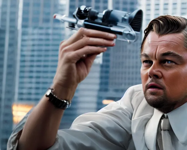 Image similar to leonardo dicaprio as the wolf of wall street, cinamtic, long shot, hyper detailed, 8 5 mm photograph, 8 k resolution, film still, sharp lens, wide lens