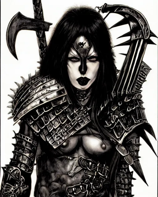 Image similar to portrait of a skinny punk goth warrior wearing armor by simon bisley, fantasy, barbarian, hardcore