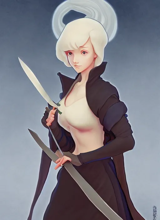 Image similar to cute medieval spymaster holding knife, natural lighting, path traced, highly detailed, high quality, digital painting, by don bluth and ross tran and studio ghibli and alphonse mucha, artgerm