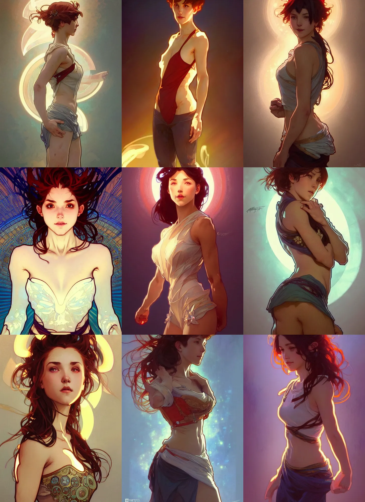 Prompt: digital concept art by artgerm and greg rutkowski and alphonse mucha. full body!! clear gorgeous girl looking forward into the camera, symmetrical face, short red hair, crop top, daisy dukes shorts, light effect. hyper detailed, character concept, glowing lights!! intricate, elegant, digital painting, artstation, smooth, sharp focus