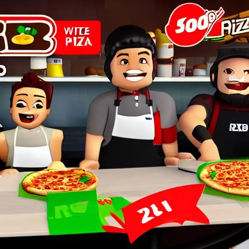 Prompt: a regular day at roblox's work at a pizza place