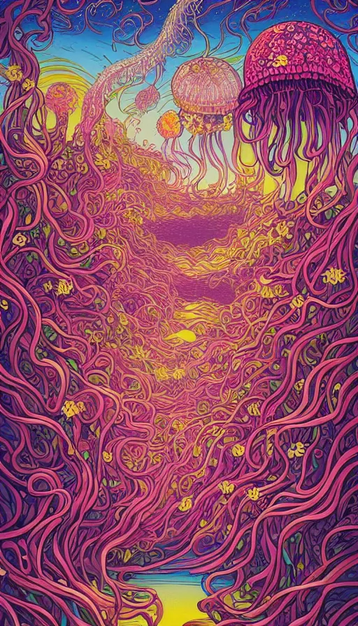 Image similar to The flowery land of the jellyfish, italian futurism, Dan Mumford, da vinci, Josan Gonzalez