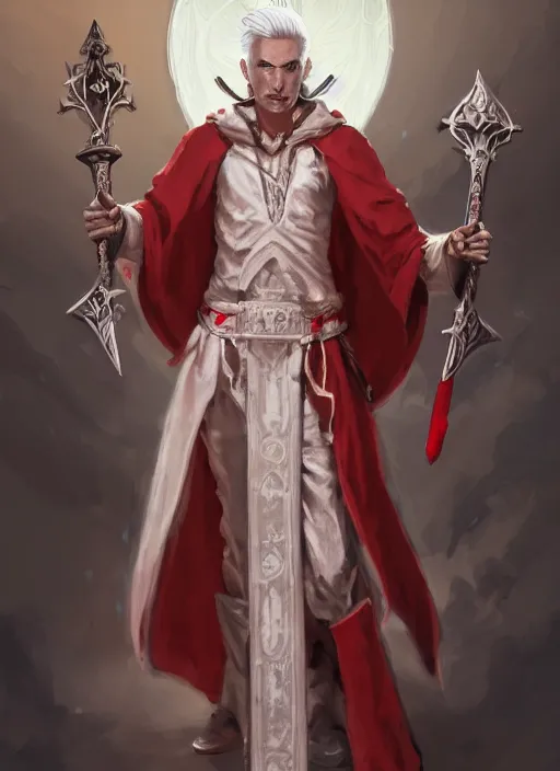 Image similar to a highly detailed illustration of sadistic white haired tanned african priest wearing white robe with red cross design, wielding divine bloody sword, evil smirk, gothic church background, intricate, elegant, highly detailed, centered, digital painting, artstation, concept art, smooth, sharp focus, league of legends concept art, wlop