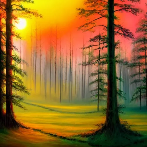 Prompt: beautiful forest with little fog while sunset in red neon colors, oil painting