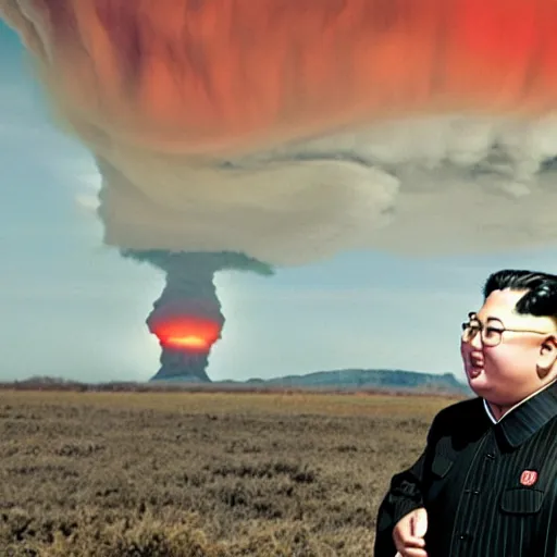 Prompt: nuclear explosion with kim jong un standing in the background