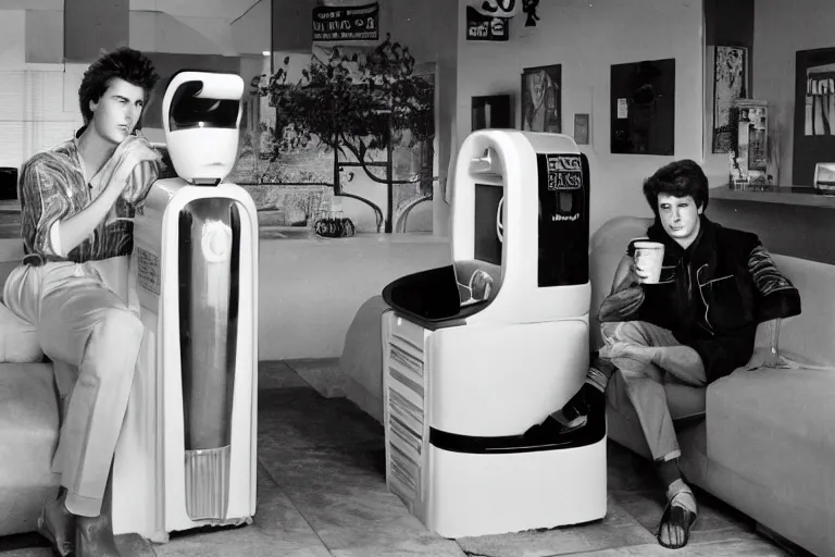 Prompt: an extremely realistic life-sized slushie machine made of porcelain, handsome male model sitting on a gray couch, from 1985, bathed in the glow of a television, low-light photograph