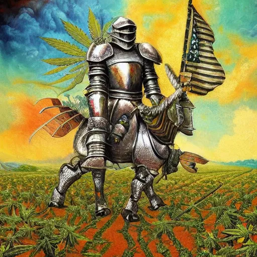 Prompt: a high detailed oil painting of a full armored knight sitting in a cannabis field. trending on artstation. fractal patterns. colorful