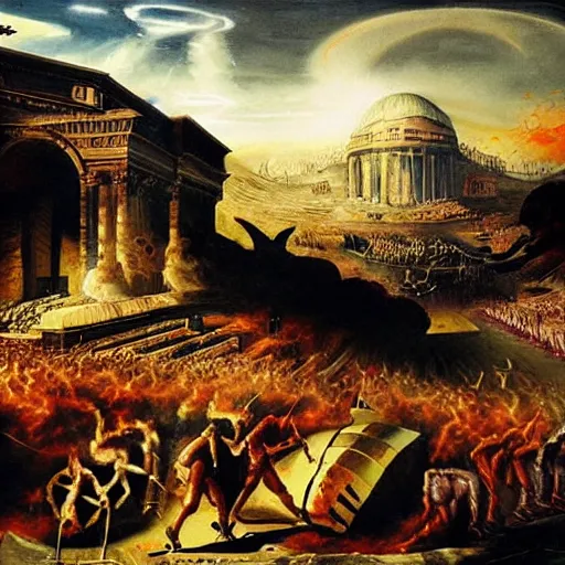 Image similar to alien invasion, fall of rome, epic painting