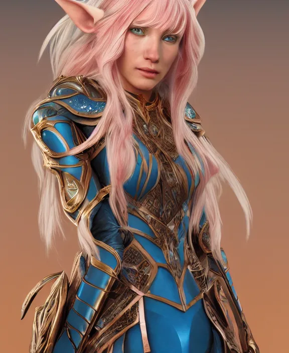 Prompt: a beautiful and highly detailed digital portrait of a dignified elf with long blue hair in rose gold armor by artgerm and nina tryggvadottir, centered, artsation contest winner, cgsociety, fantasy art, cryengine, concept art, photorealism, daz 3 d, sketchfab, zbrush, vray