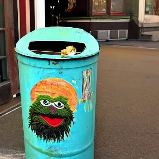 Prompt: oscar the grouch in an old garbage can gets given a gold plated garbage can, fresco painting