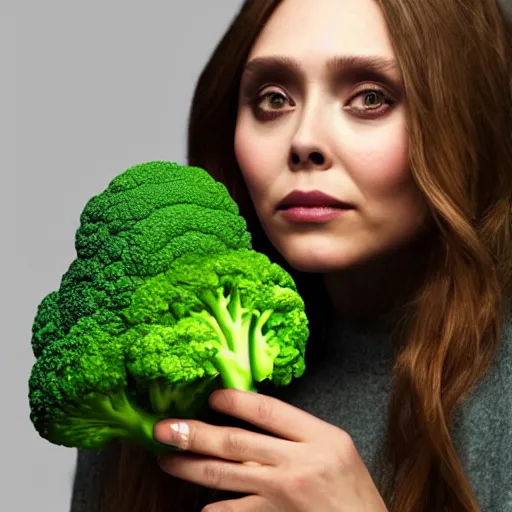 Image similar to anthropomorphic broccoli with an elizabeth olsen face, trending on artstation, 4 k quality, intricate