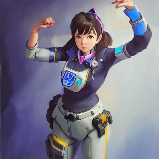 Image similar to D.VA from Overwatch wearing a police uniform by Kim Jung Gi, holding handcuffs in one hand Blizzard Concept Art Studio Ghibli. oil paint. 4k. by brom.