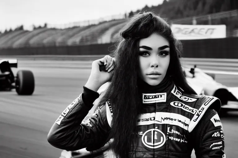 Prompt: a highly detailed, beautiful photo of a madison beer as a 1 9 7 0 s race car driver, at circuit de spa - francorchamps, symmetrical face, beautiful eyes, cobalt blue hair, realistic, 8 k, award winning photo, motor sport photography,, back lit lighting,