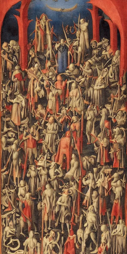 Prompt: a solemn congregation of all of the devils in hell, painted by jean fouquet