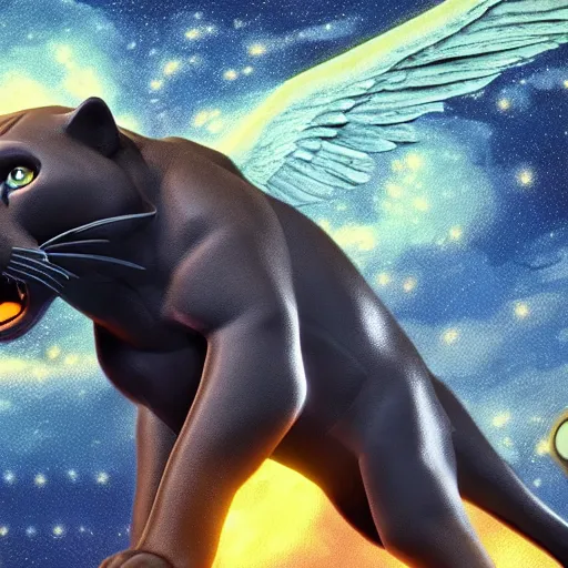 Prompt: A panther with wings holding a baby in a starry night, 3D video game, atmosphere, unreal engine 5, trending on artstation, ultra high detail, ultra realistic, cinematic, focused, 8k, art by Jack Kirby