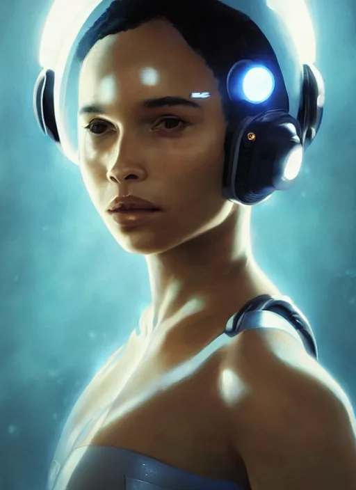 Prompt: Zoe Kravitz with short hair as a futuristic astronaut, helmet with led lights, underwater in the ocean at night, clear water, volumetric lighting, glowing lights, 4k, octane, digital painting, artstation, concept art, sharp focus, illustration, art by artgerm and greg rutkowski and alphonse mucha , wide angle view,