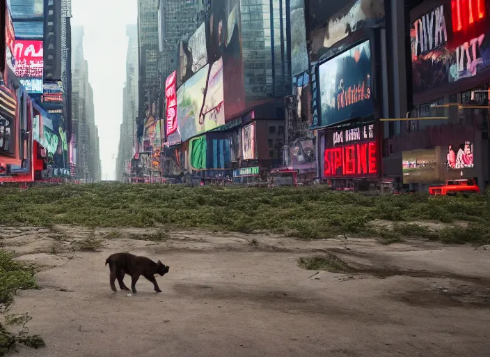 Image similar to film still of post apocalyptic empty time square, overgrown with wildlife walking through in the new sci - fi movie, 8 k