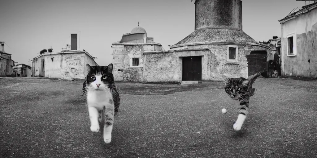 Prompt: photography of a cat running away with mortadella in his mouth with trullo houses in the background, photoreal, 3 5 mm, award winning photography