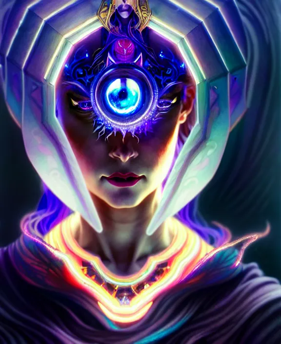 Image similar to a whirlwind of souls rushing inside the metaverse, half body, glowin eyes, tiara with sapphire, pharaoh, android, cyberpunk, d & d, fantasy, intricate, elegant, highly detailed, colorful, vivid color, digital painting, artstation, concept art, art by artgerm and greg rutkowski and alphonse mucha and ruan jia