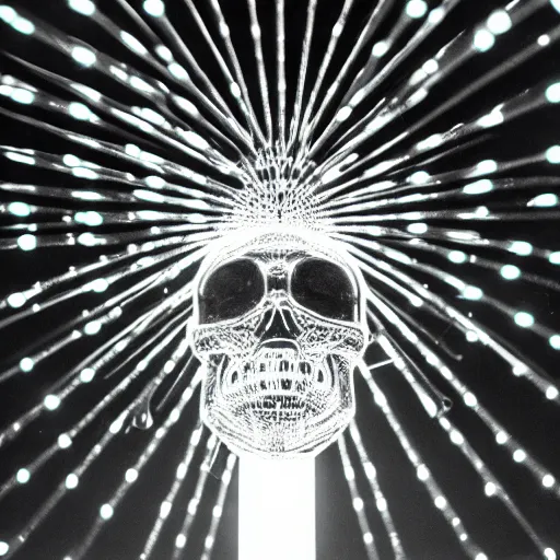 Image similar to a disco skull full of long spikes, reflecting light in a nightclub, grainy film photograph