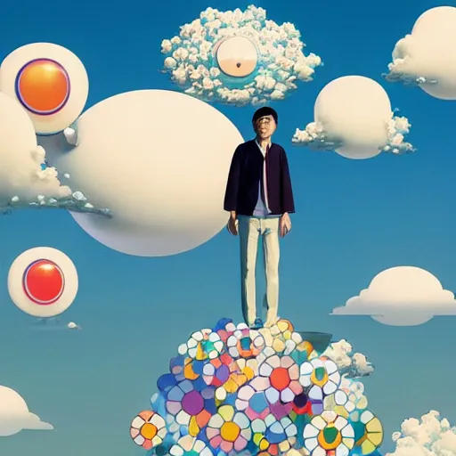 Image similar to a man walking on clouds away from the camera above kyoto by takashi murakami, beeple and james jean, aya takano color style, 4 k, super detailed, modern, 4 k, symmetrical