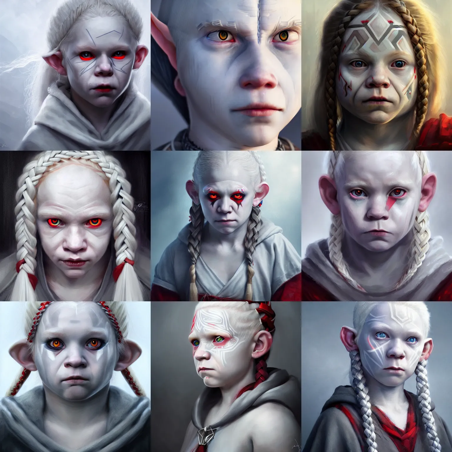 Prompt: realistic portrait of a young albino female halfling with red eyes and white! braided hair and a grey cloak and geometric facial tattoos!!!! painted dan gerhartz, haunted and sad expression, artstation, cinematic lighting, hyper - detailed 8 k