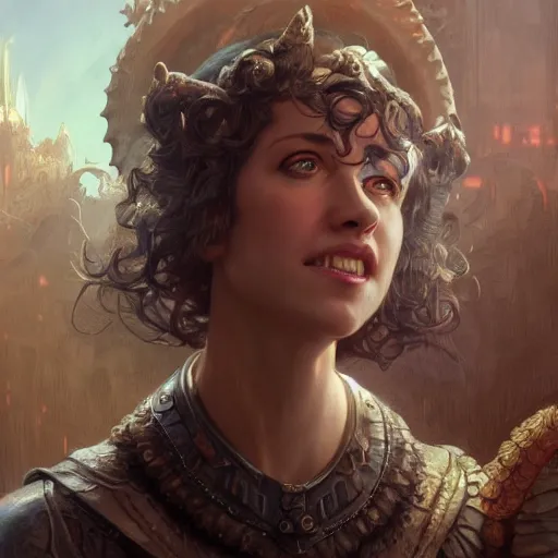 Image similar to ultra realistic illustration, kristen schaal from diablo and baldurs gate, intricate, elegant, highly detailed, digital painting, artstation, concept art, smooth, sharp focus, illustration, art by artgerm and greg rutkowski and alphonse mucha