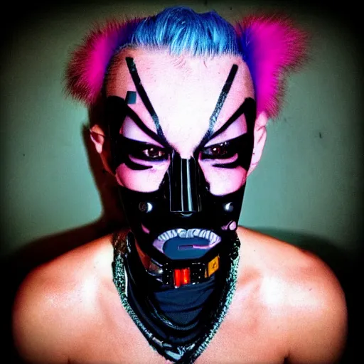 Prompt: neonpunk anarchist with mohawk and cyber implants on face, fuming, angry, grinning, pixel art