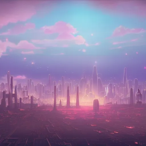 Image similar to pastel, baroque utopian cityscape in the sky, sci-fi, dreamlike, surreal, angels, soft lights, cinematic, 8k, by Ghibli,