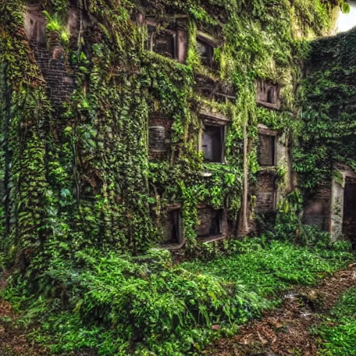 Image similar to Beautiful Landscape art of a ancient futuristic looking civilization, urbex, abandonned buildings, ivy creeping around technology