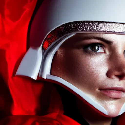 Prompt: headshot of a athletic female soldier in glossy sleek white armor with tiny red details and a long red cape, heroic posture, on the surface of mars, night time, dramatic lighting, cinematic, sci-fi, hyperrealistic