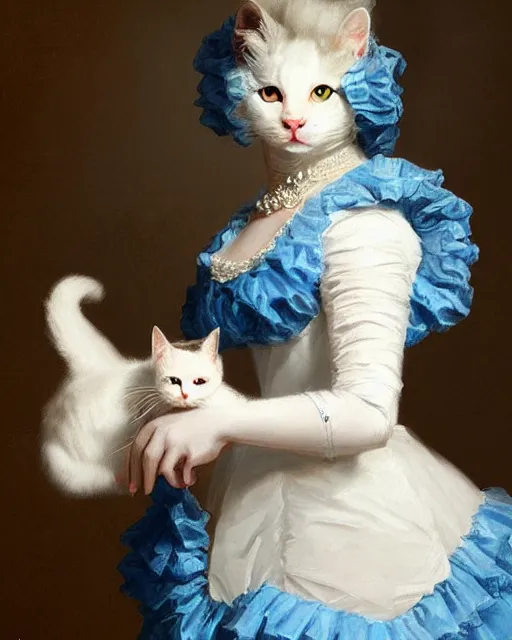 Image similar to cute white cat with blue eyes wearing frilly dress, baroque rococo fashion, royal portrait, elegant, regal, joseph ducreux, greg rutkowski