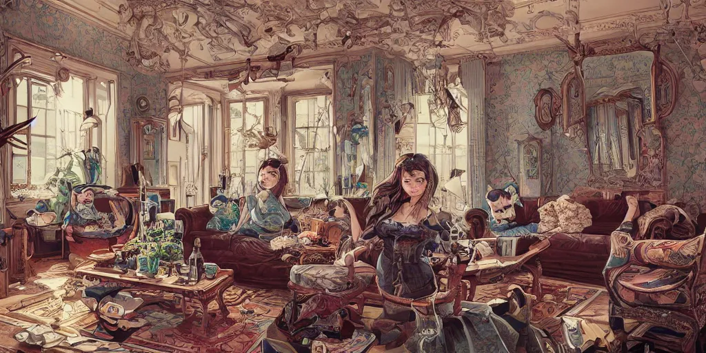 Prompt: a beatiful living room in an old victorian house, extremely detailed, sharp focus, wide view, full body shot, smooth, digital illustration, colorfull by, james jean, by rossdraws, frank franzzeta, sakimichan, mcbess, aphonse mucha
