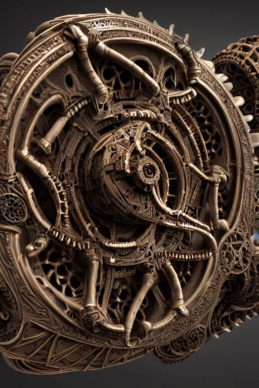 Prompt: detailed intricate biomechanical artifact on display, cinematic render