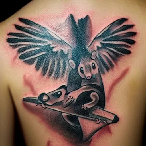 Image similar to tattoo of an opossum flying a plane