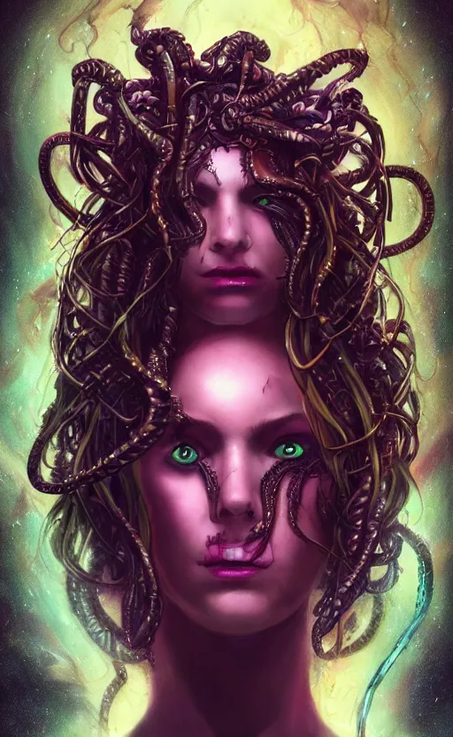 Prompt: An epic fantasy comic book style portrait painting of a very beautiful nebulapunk Medusa with symmetrical facial features and lots of cyberpunk and cybernetic bio-luminiscent snakes as hair, awesome pose, centered, full body, vibrant dark mood, unreal 5, hyperrealistic, octane render, cosplay, RPG portrait, arthouse, dynamic lighting, intricate detail, cinematic, HDR digital painting, 8k resolution, enchanting, otherworldly, sense of awe, award winning picture, Hyperdetailed, blurred background, backlight, 3d rim light, Gsociety, trending on ArtstationHQ, dreamscape.