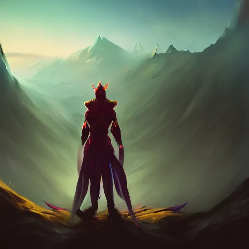 Prompt: zed from league of legends, zed, league of legends, meditation, meditating peacefully, surrealistic landscape, distant fog, large mountains, colorful, volumetric lighting, artstation, devianart, sharp focus, cinematic, digital art