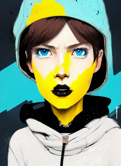 Image similar to highly detailed portrait of a city punk lady student, blue eyes, hoodie, hat, white hair by atey ghailan, by greg rutkowski, by greg tocchini, by james gilleard, by joe fenton, by kaethe butcher, gradient yellow, black, brown and cyan blue color scheme, grunge aesthetic!!! ( ( graffiti tag wall background ) )
