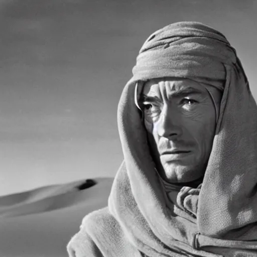 Image similar to peter o'toole as muadib, film still, 7 0 mm, lawrence of arabia, dune