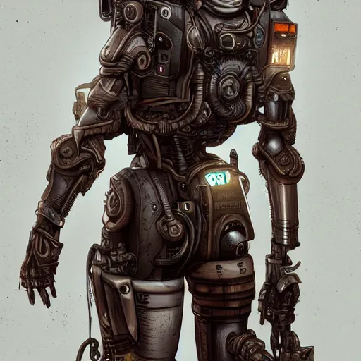 Image similar to lineart, colour, cyborg, full body, steampunk, hyperdetailed, artstation