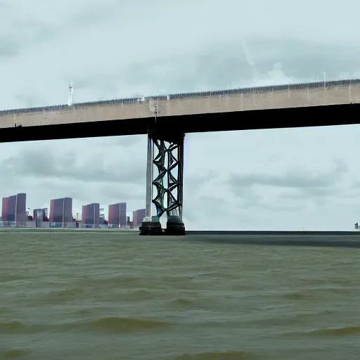 Image similar to a container ship in the water under the francis scott key bridge. the water is choppy and glossy. there is a feeling of powerful immense energy and power. imax 7 0 mm, ultrarealistic, cgsociety, 3 d octane render, ue 5.