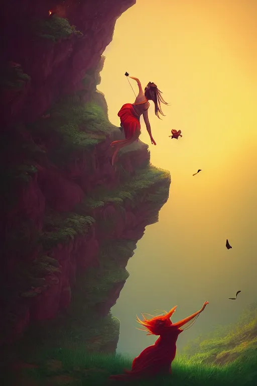 Image similar to the fool tarot card, a maiden dances on the edge of a cliff with a little dog barking beside her, 8 k resolution digital painting, cinematic lighting, deviantart artstation, by alena aenami, by michael whelan, bokeh, behance hd