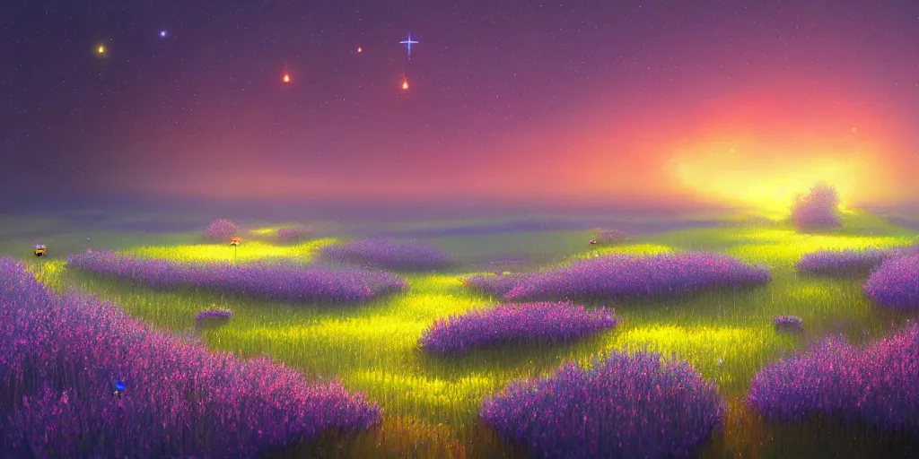 Image similar to fireflies in a vast ocean inspired by Evgeny Lushpin,flower meadow,spring,cinematic,trending on ArtStation