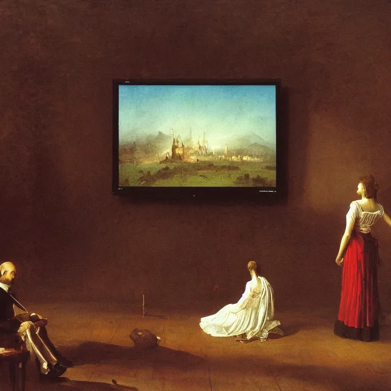 Image similar to romantic painting, wide shot of a lone figure in fancy dress watching an enormous television screen playing a football game, highly detailed, sublime, hyperrealistic, painted by caspar david friedrich and albert bierstadt, trending on artstation 8 k
